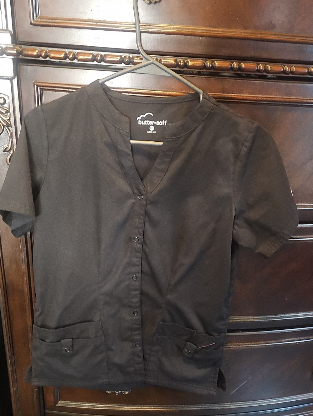 Butter-Soft Black Button-Front Women's Scrub Top